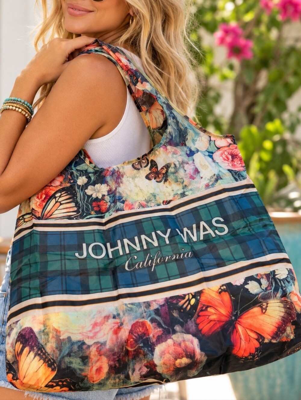 Johnny Was Multicolor Reusable Nylon Floral Butterfly Bag